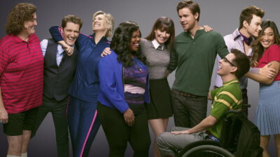 Glee cast group photo with Chord Overstreet, Lea Michele, Jane Lynch, Matthew Morrison and Amber Riley