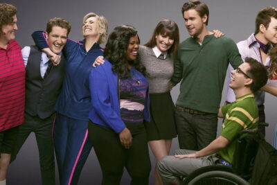 Glee cast group photo with Chord Overstreet, Lea Michele, Jane Lynch, Matthew Morrison and Amber Riley