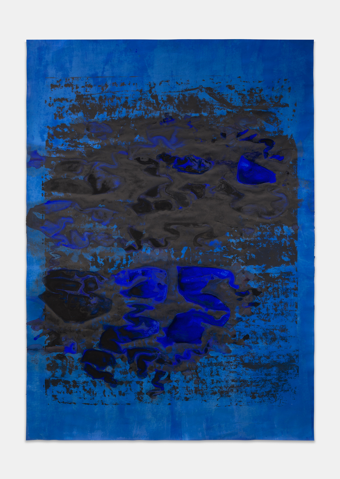 Glenn Ligon work on paper Blue (for JB) #21, a field of deep ultramarine with dense black pigment pooled across the centre