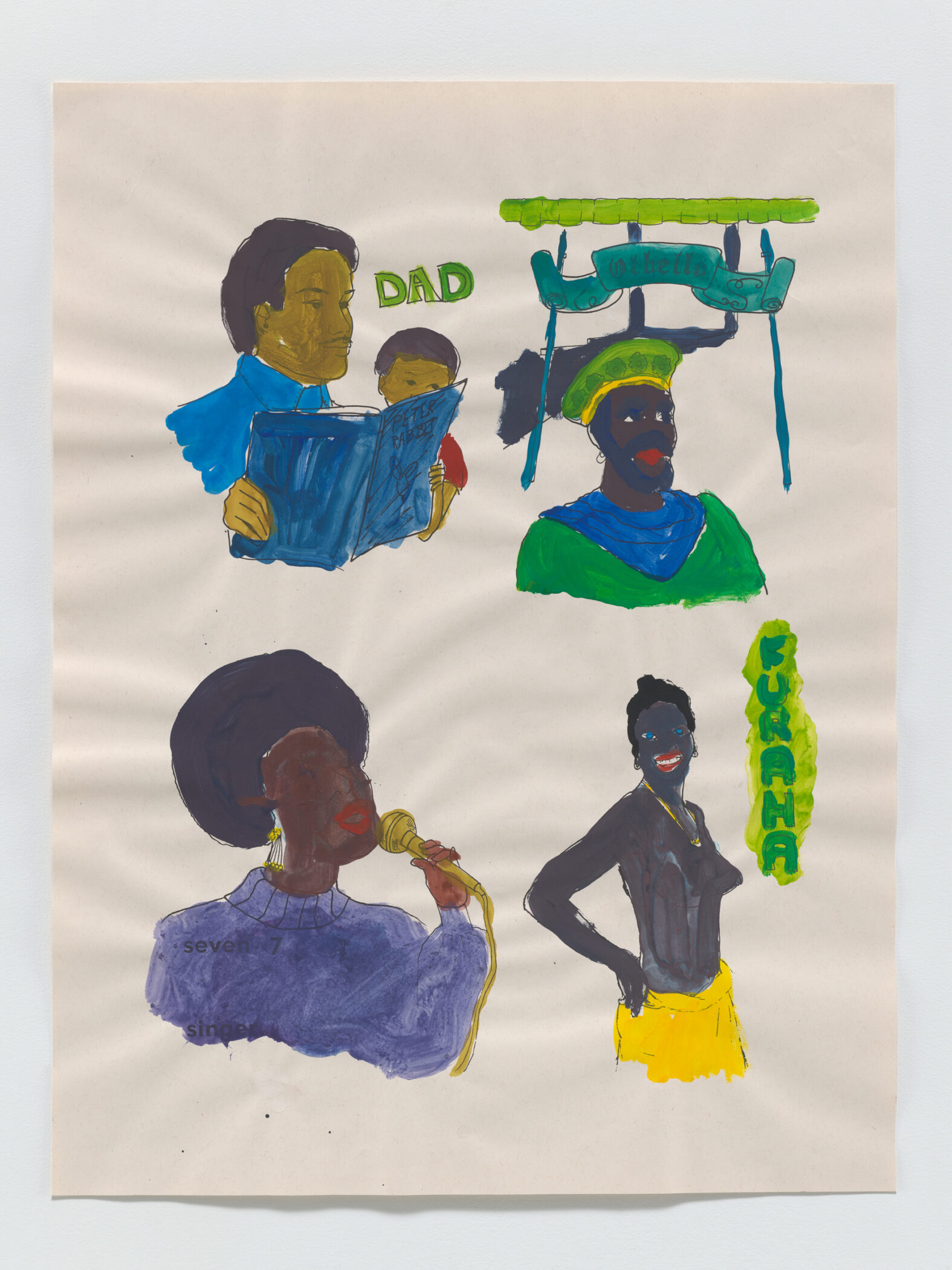 Glenn Ligon drawing of four coloured-in figures from an Afrocentric colouring book page: a father reading to a child, Othello, a singer and a woman named Furaha