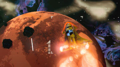 A yellow rocket boosts past a red planet through an asteroid field in Glory on Pluto