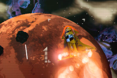 A yellow rocket boosts past a red planet through an asteroid field in Glory on Pluto