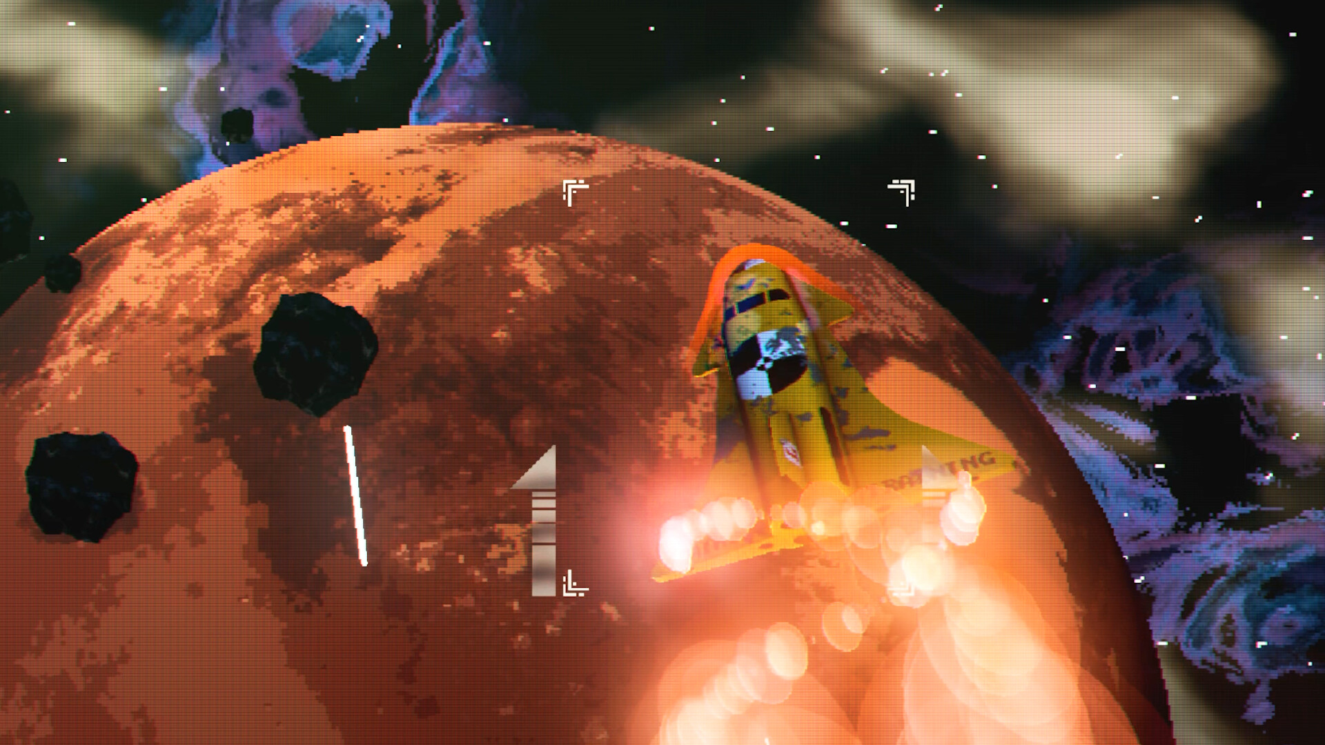 A yellow rocket boosts past a red planet through an asteroid field in Glory on Pluto