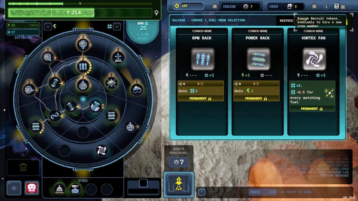 The circular rocket engine grid and the fuel salvage selection screen in Glory on Pluto