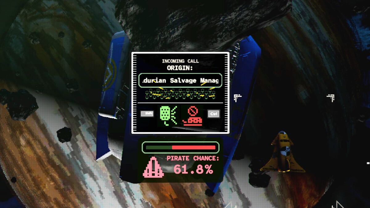 An incoming call from a salvage ship with a pirate chance warning in Glory on Pluto