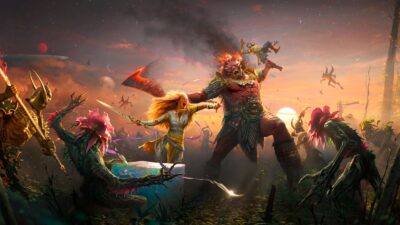 God of War Laufey key art: Faye with her sword and the ribbon Rue, beside the cube Phranque, fighting a horned giant in the Everywhen