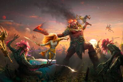 God of War Laufey key art: Faye with her sword and the ribbon Rue, beside the cube Phranque, fighting a horned giant in the Everywhen