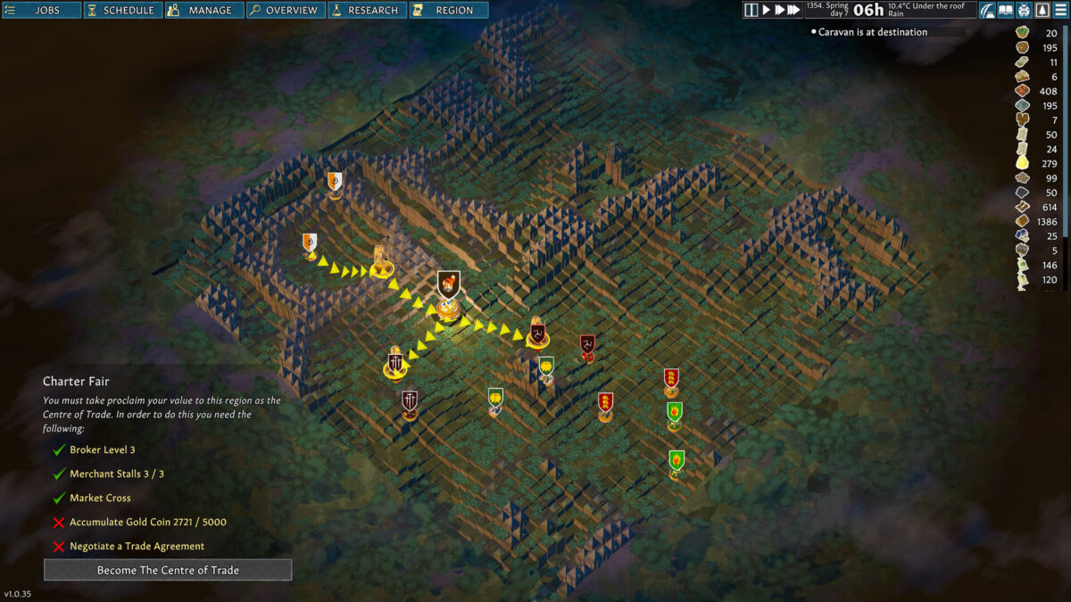 A caravan route across the Going Medieval region map with faction banners