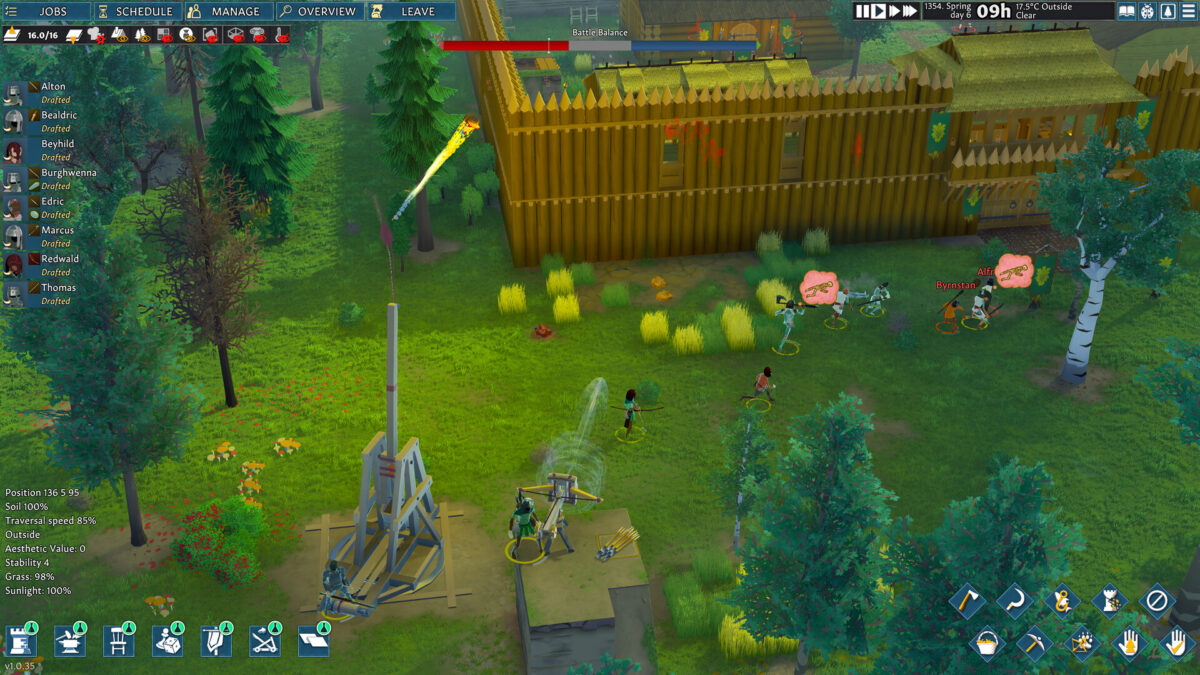 Settlers defend a wooden palisade with a trebuchet during a raid in Going Medieval