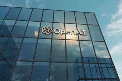 OpenAI logo on the glass facade of an office building — Skorzewiak / Depositphotos