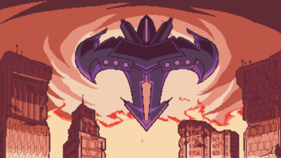 The invading Ark hovers over the ruined towers of Kernel City in Gravity Circuit 2
