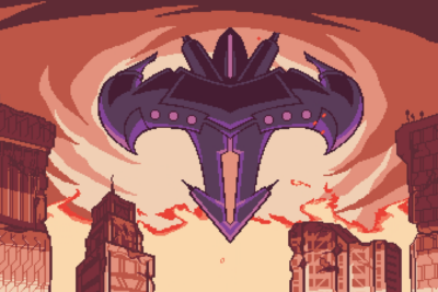 The invading Ark hovers over the ruined towers of Kernel City in Gravity Circuit 2