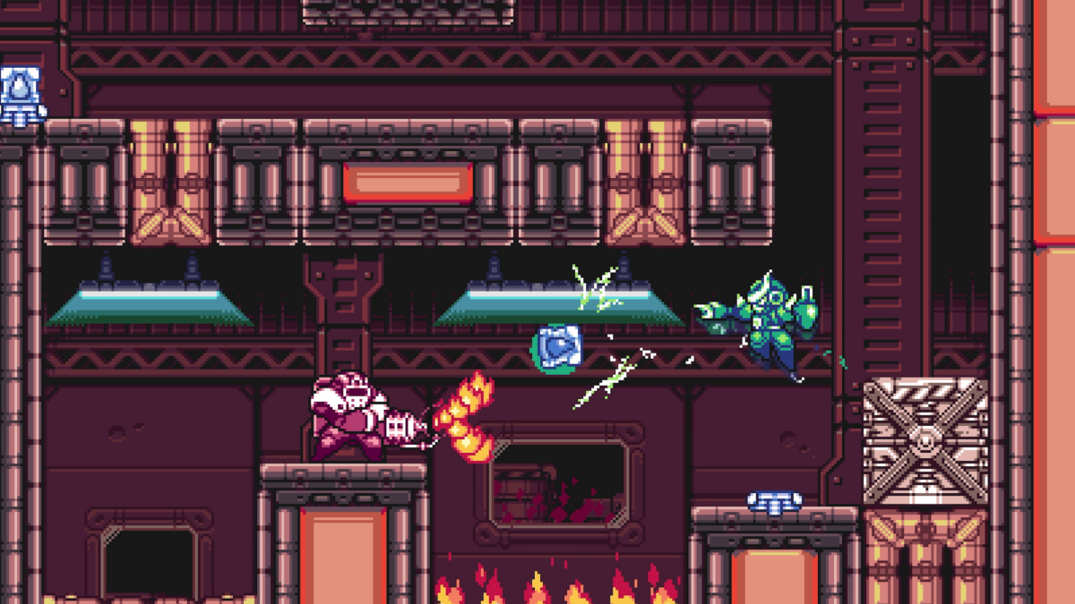 A ranged fighter blasts fire at a green robot inside an industrial stage in Gravity Circuit 2