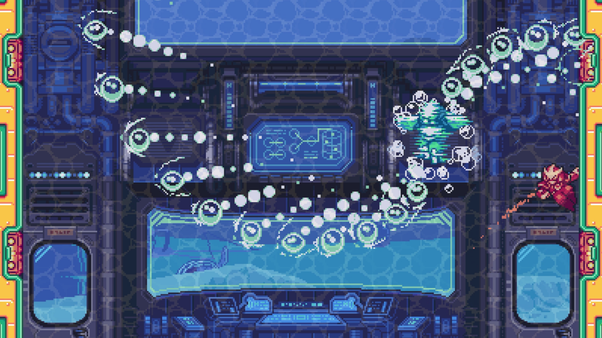 Kai dodges a boss bubble barrage in a blue control room in Gravity Circuit 2
