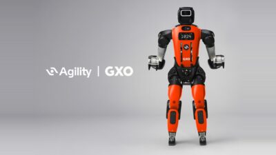 Agility Robotics Digit humanoid robot in GXO livery beside the Agility and GXO logos — Image: Agility Robotics
