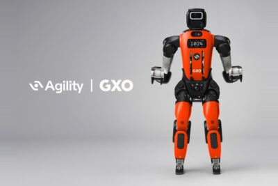 Agility Robotics Digit humanoid robot in GXO livery beside the Agility and GXO logos — Image: Agility Robotics