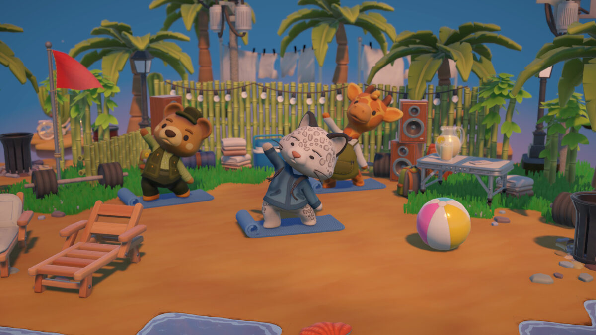 Animal residents do yoga on a palm-fringed beach diorama in Hokko Spaces