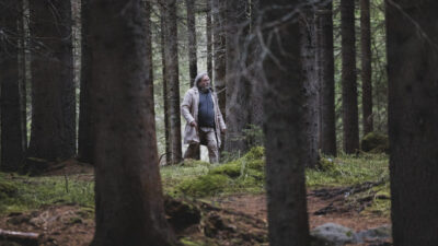 A lone figure in a light coat walks between tall spruce trunks in a dark forest