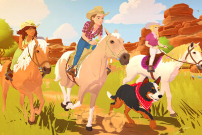 A rider on a palomino horse kicks up dust as she slides around a barrel in a desert arena in HORSE CLUB Ride West