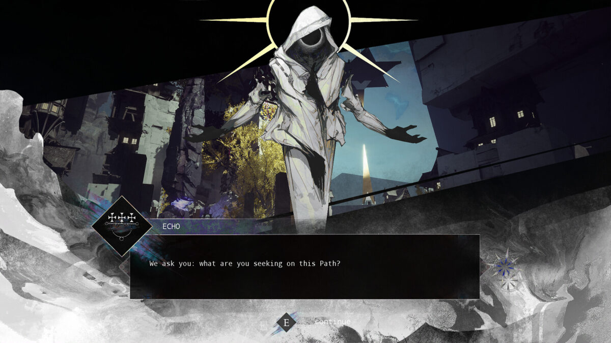 A hooded figure called Echo asks the player what they seek on the Path in a Hypnos dialogue scene