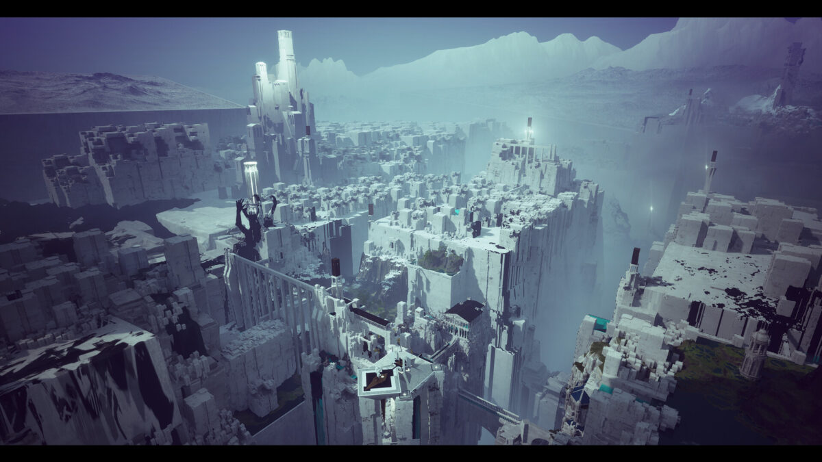 Aerial view of the pale stone megastructure of the Nameless City in Hypnos