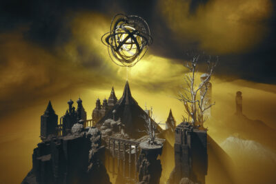 Spired towers of the Nameless City under a golden sky and a floating ringed orb in Hypnos
