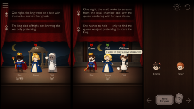 A magician, an engineer and a shy assistant on a purple theatre stage in I Want to Play the Villain