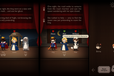 A magician, an engineer and a shy assistant on a purple theatre stage in I Want to Play the Villain