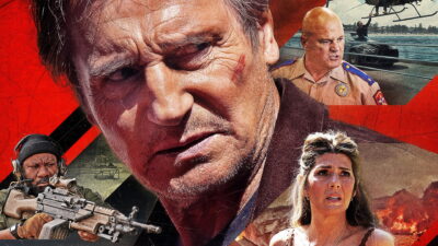 Key art for The Mongoose, directed by Mark Vanselow, with Liam Neeson in close-up beside Michael Chiklis as a Texas trooper, Marisa Tomei and Ving Rhames holding a machine gun