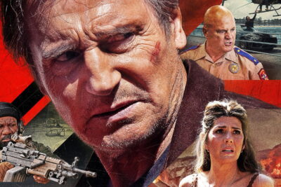 Key art for The Mongoose, directed by Mark Vanselow, with Liam Neeson in close-up beside Michael Chiklis as a Texas trooper, Marisa Tomei and Ving Rhames holding a machine gun