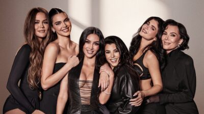 Kris Jenner with Kim, Kourtney and Khloé Kardashian and Kendall and Kylie Jenner, all in black, in key art for The Kardashians Season 8