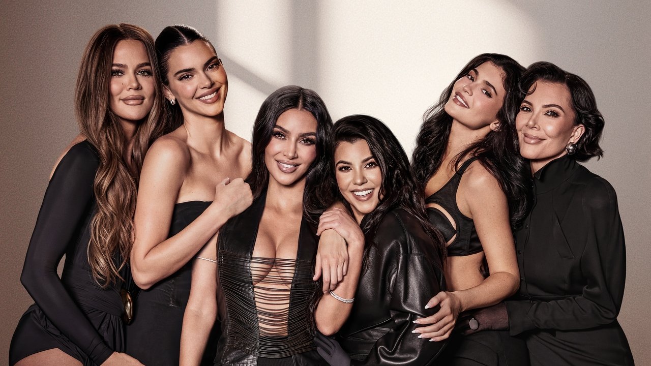 Kris Jenner with Kim, Kourtney and Khloé Kardashian and Kendall and Kylie Jenner, all in black, in key art for The Kardashians Season 8