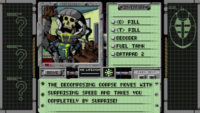 Infested DX screenshot: a decomposing corpse in a spacesuit lunges at the player inside the retro interface