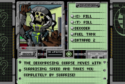 Infested DX screenshot: a decomposing corpse in a spacesuit lunges at the player inside the retro interface