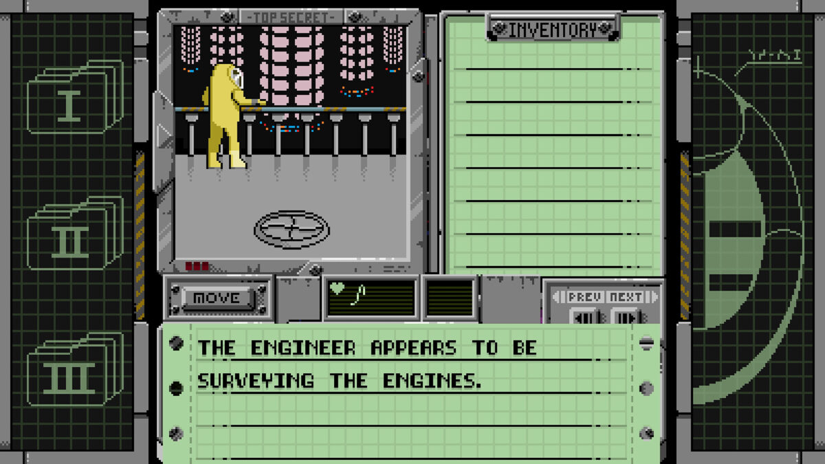 Infested DX screenshot: a figure in a yellow hazard suit surveys the engine room of the starship