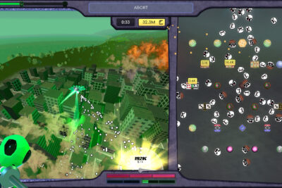 JOHN GLEEP’s split screen: a UFO beams up citizens over a city on the left while they tumble down a pachinko board on the right