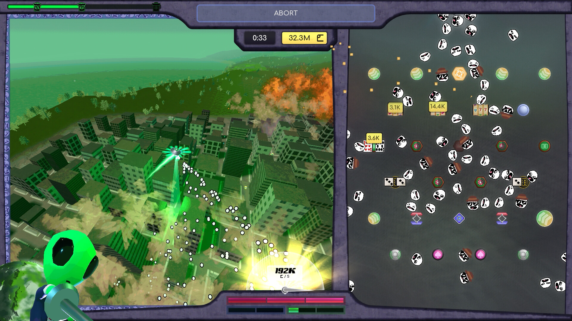 JOHN GLEEP’s split screen: a UFO beams up citizens over a city on the left while they tumble down a pachinko board on the right