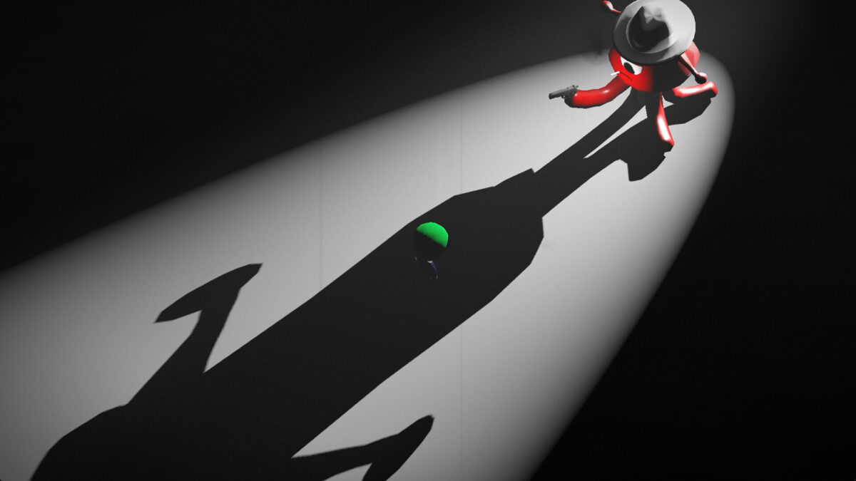 A red, fedora-wearing gangster points a pistol at the tiny green alien John Gleep under a noir spotlight