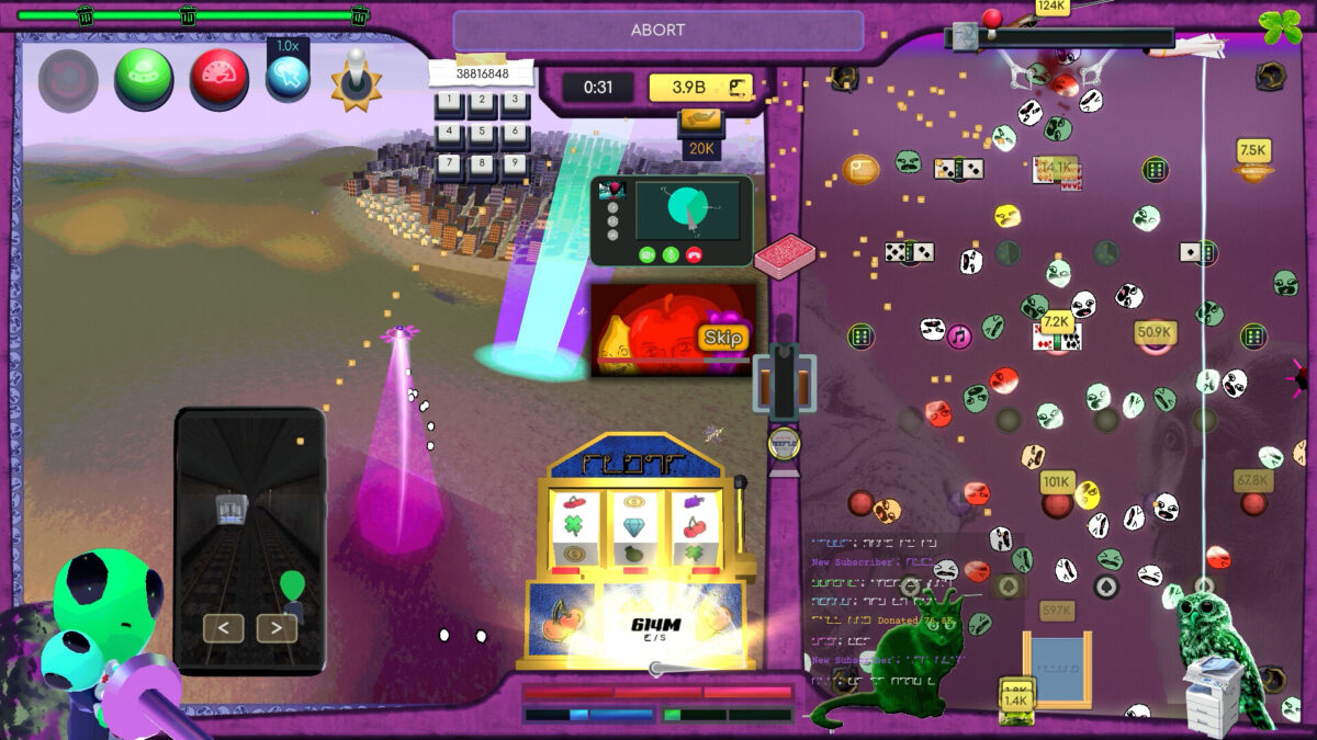 John Gleep’s casino, with slot machines and a pachinko board filling up with abducted gamblers