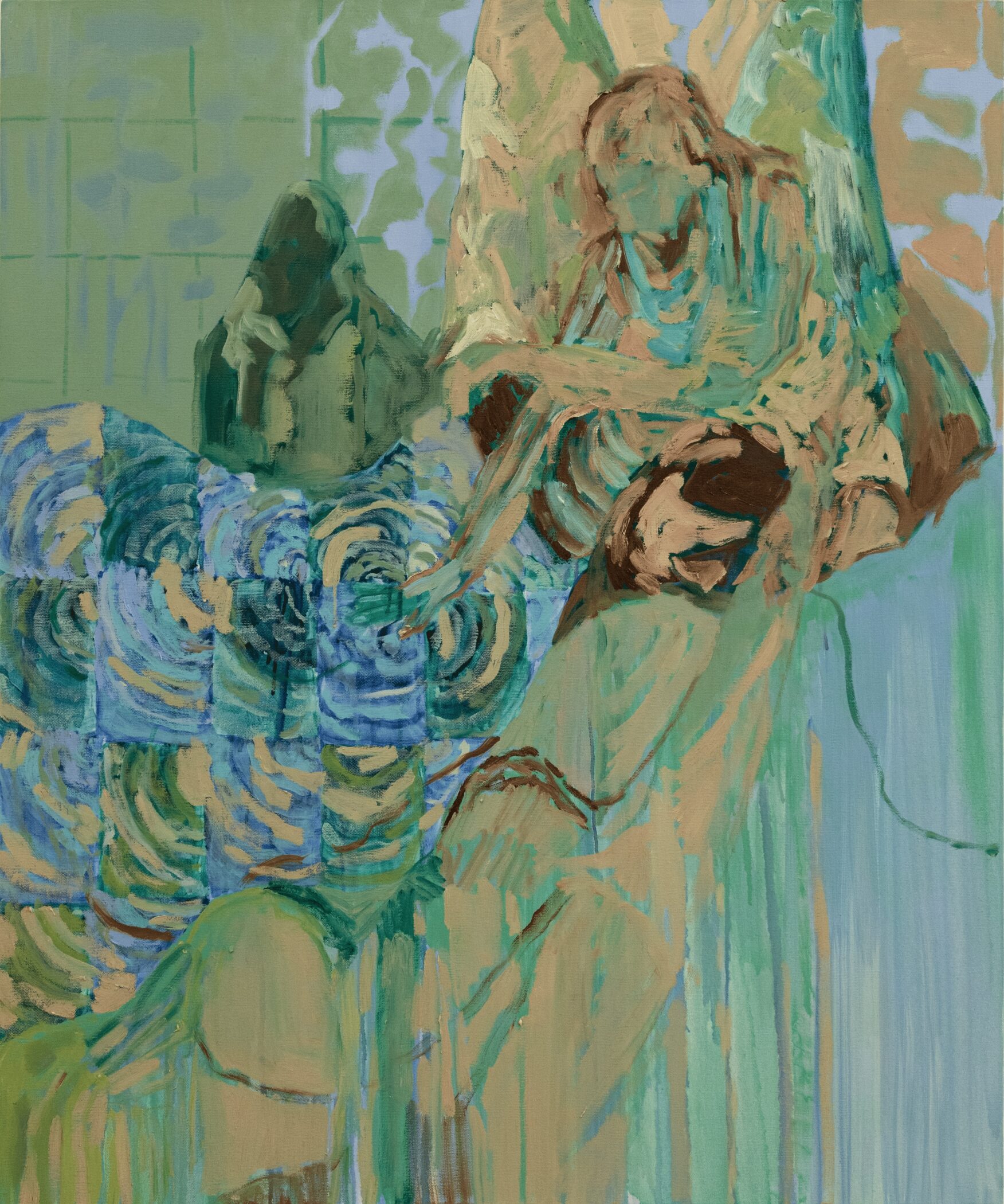 Julia Phetra Oborne painting Full Moon, layered green and blue figures over a tiled grid