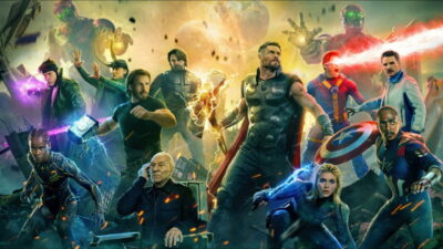 Avengers: Doomsday key art with Pedro Pascal as Mister Fantastic, Chris Hemsworth as Thor and Anthony Mackie as Captain America