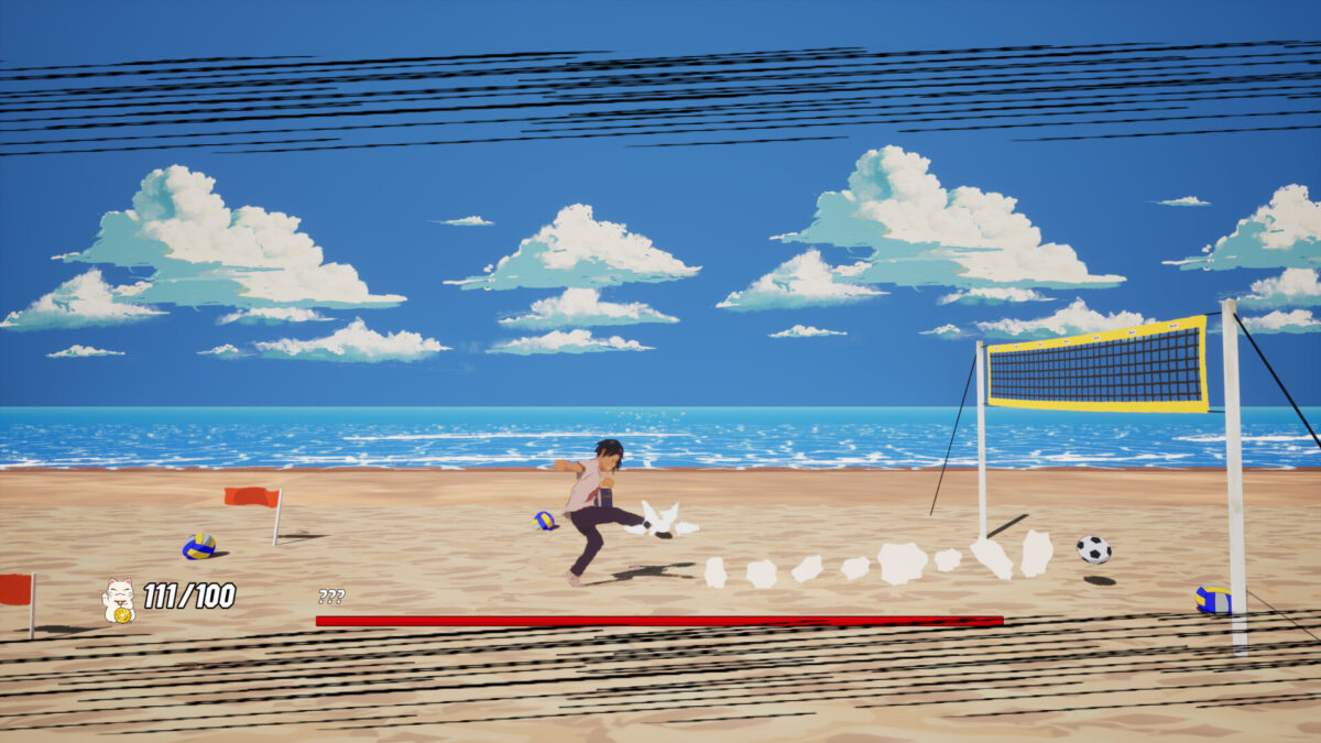 The Kid kicks a soccer ball along the sand past a volleyball net in a beach level of Kick