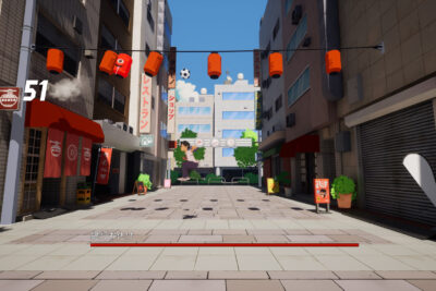 The Kid dribbles a soccer ball past a delivery man and a Shiba dog on a cherry blossom street in Kick
