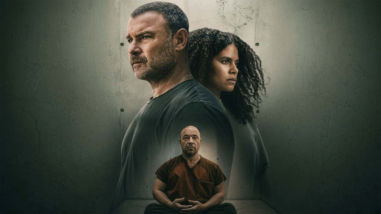 Stephen Graham as Jurek Walter seated cross-legged in a rust-brown prison shirt below Liev Schreiber and Zazie Beetz in Nocturne key art