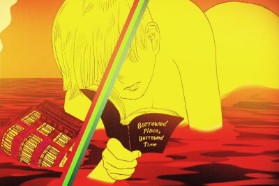 Video still from Kongkee River showing a yellow figure reading Borrowed Place Borrowed Time in red water beside sunken Hong Kong signage