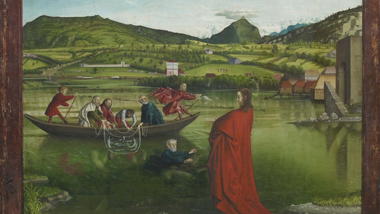 The Miraculous Draught of Fishes by Konrad Witz, 1444: Christ in a red robe on the shore of Lake Geneva as the apostles haul a net from a boat, with the Môle peak behind