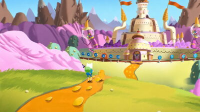 Finn and Jake walk a yellow path through candy hills toward the Candy Kingdom castle in key art for Adventure Time: Side Quests