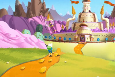 Finn and Jake walk a yellow path through candy hills toward the Candy Kingdom castle in key art for Adventure Time: Side Quests