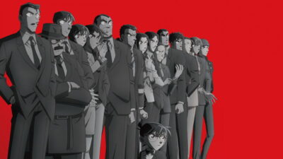 Key visual for Detective Conan: The Counterfeit Case of Ultra 30, directed by Nobuharu Kamanaka, with Conan in front of a line-up of police detectives on a red background.