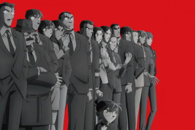 Key visual for Detective Conan: The Counterfeit Case of Ultra 30, directed by Nobuharu Kamanaka, with Conan in front of a line-up of police detectives on a red background.